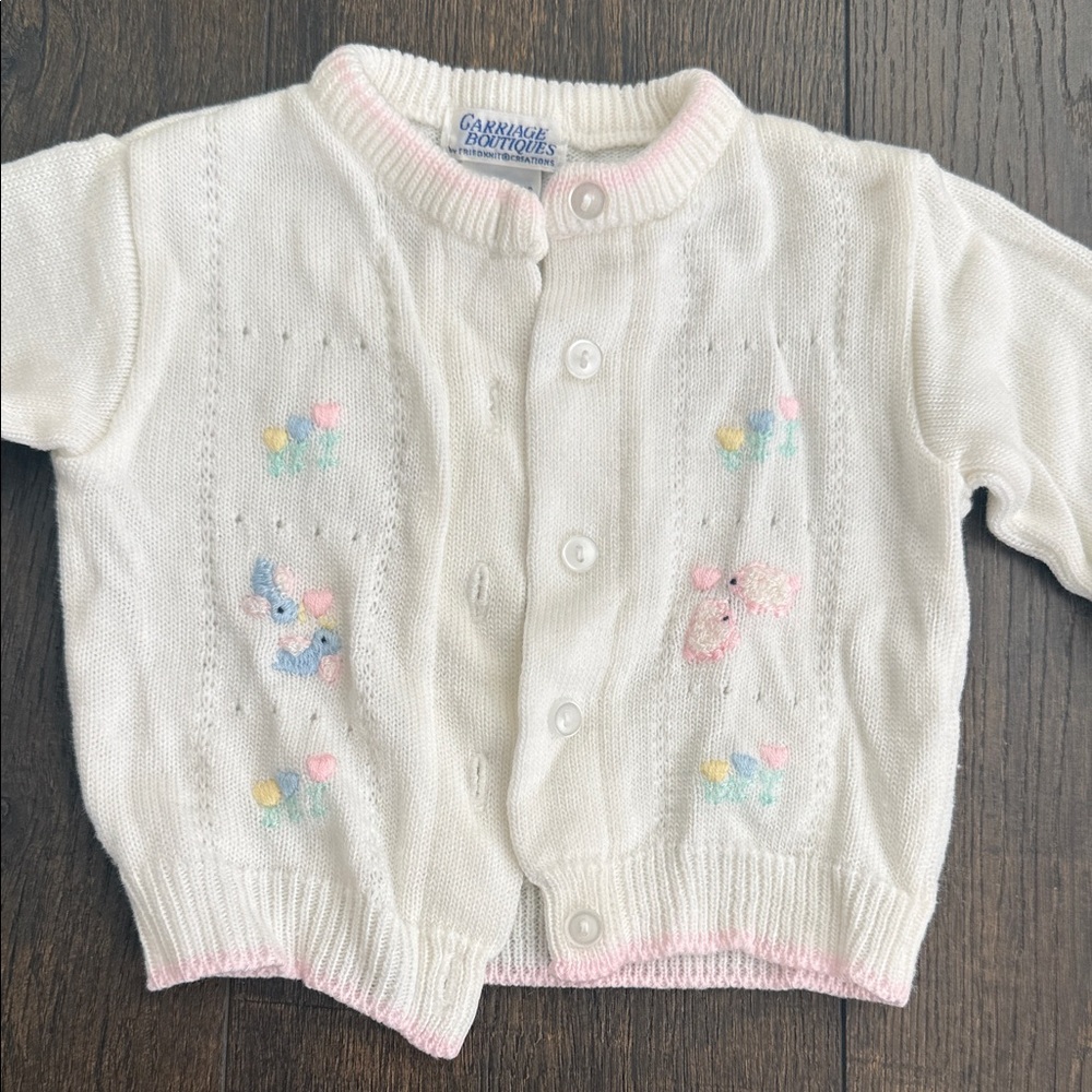 White Cardigan with Embroidered Animals - Vintage - 6 Months